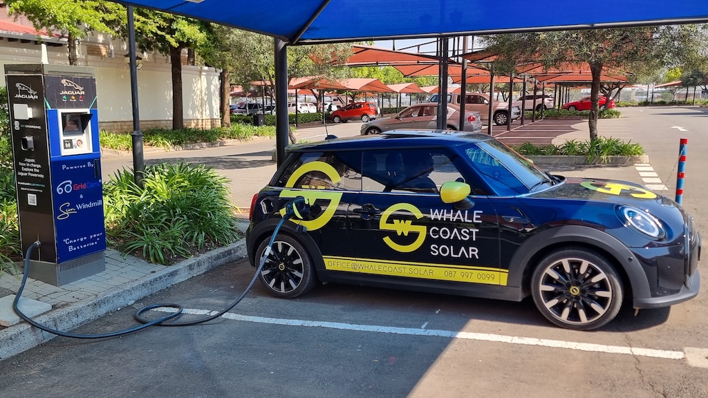 Charging the electric Whale Coast Solar Mini Cooper SE in Bloemfontein