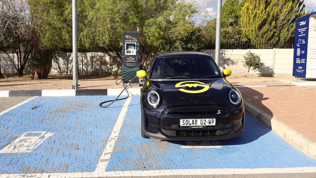 Charging the electric Whale Coast Solar Mini Cooper SE in Laingsburg
