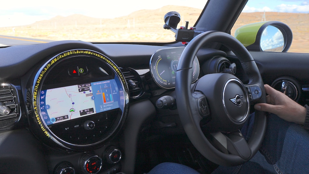 Cockpit of the electric Whale Coast Solar Mini Cooper SE