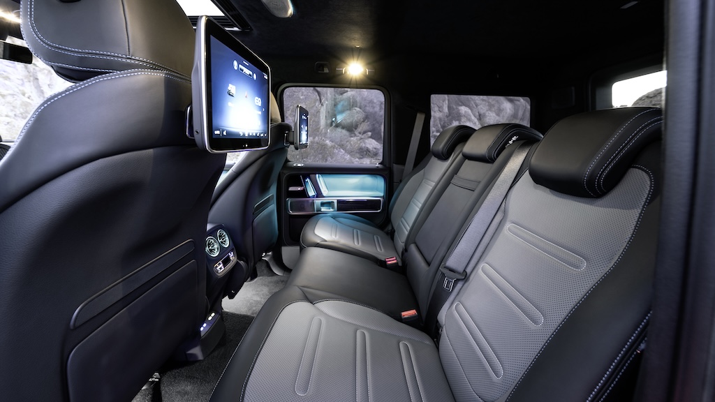 Dual video screens in the cabin (rear) of the Mercedes-Benz G580 with EQ Technology EDITION ONE