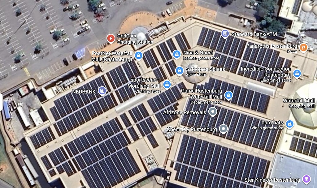 Solar panels on the rooftops of Waterfall Mall in Rustenburg
