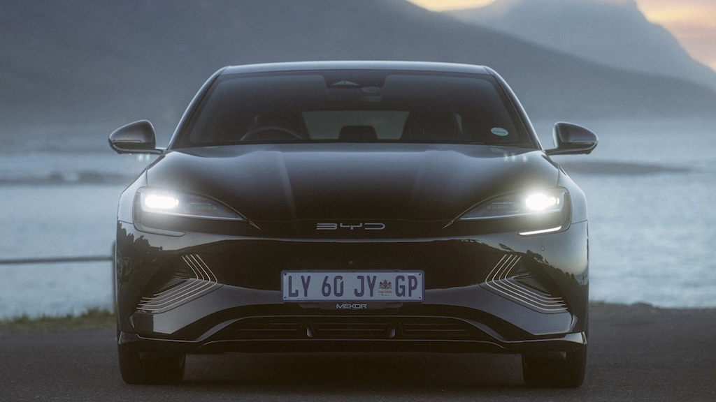 Full-frontal image of black BYD Seal AWD at dawn in Camps Bay