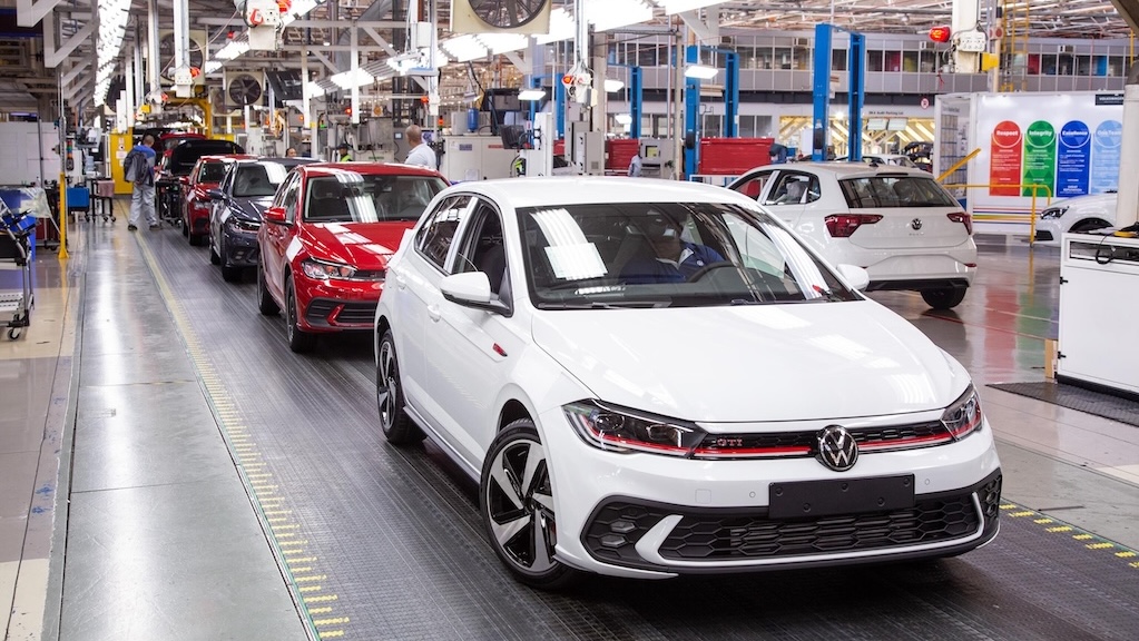 A white VW Polo GTI on the assembly line at VW's plant in Kariega.